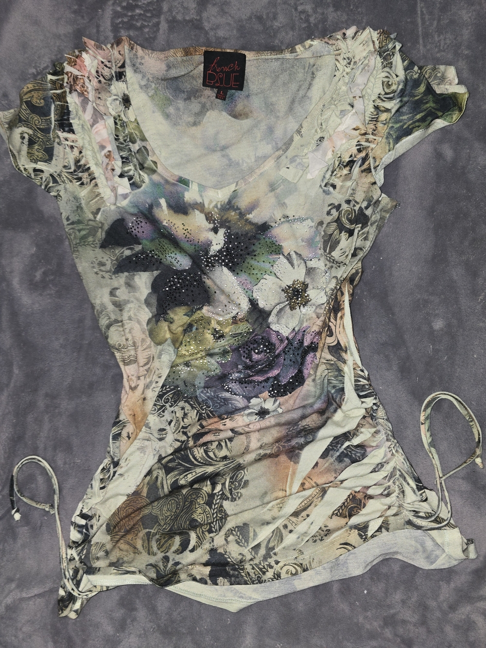 Love & Soul Pastel Floral Ruched Short Sleeve Tee with Rhinestone Detail